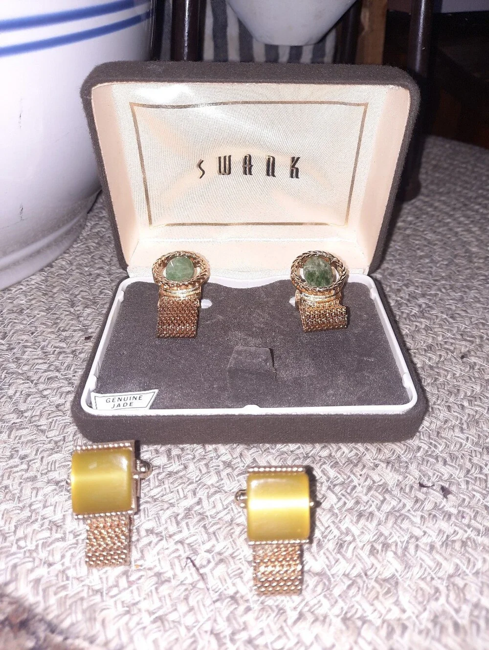 Vintage SWANK Gold-Tone Cufflink Set with Green Jade and Yellow Stones